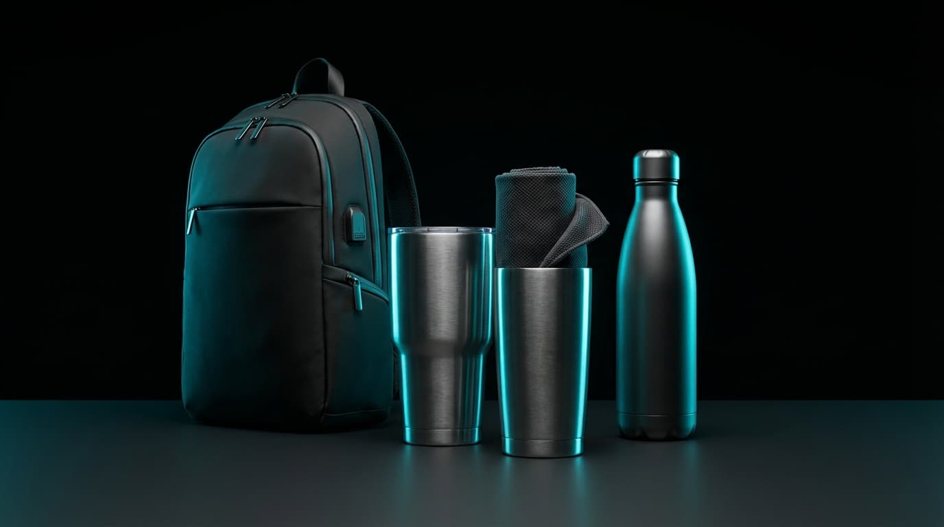 Premium promotional products — tumblers, backpacks, bottles