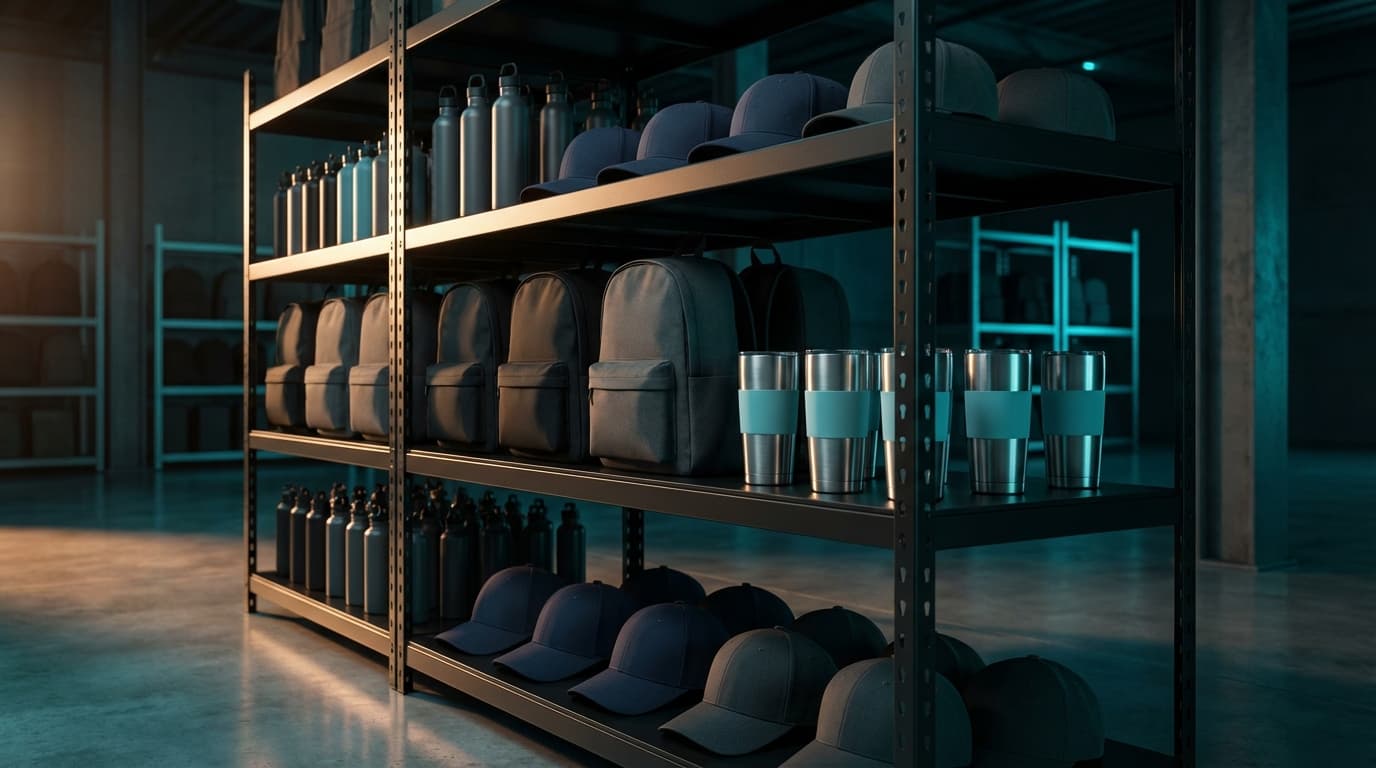Organized warehouse shelves with premium promotional products