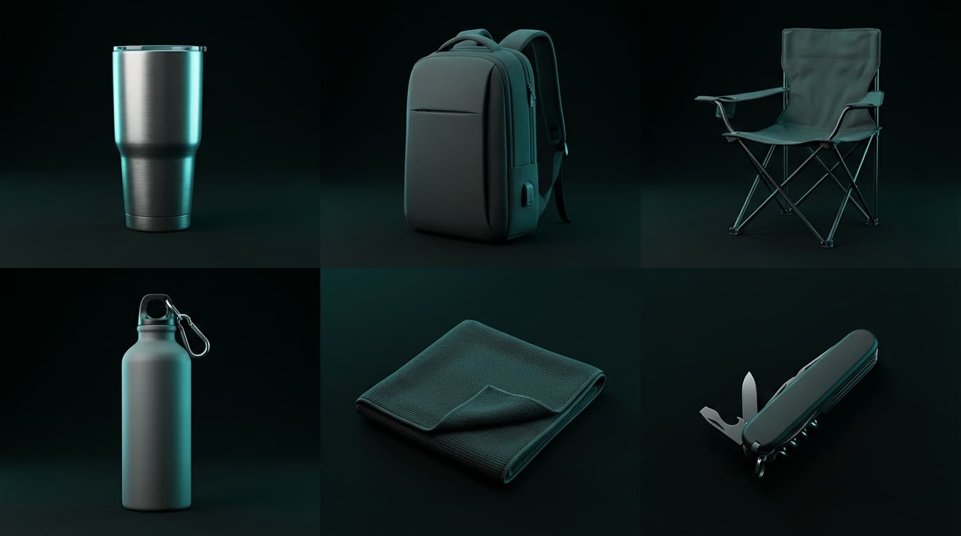 Grid of premium promotional products — tumbler, backpack, chair, bottle, towel, multi-tool