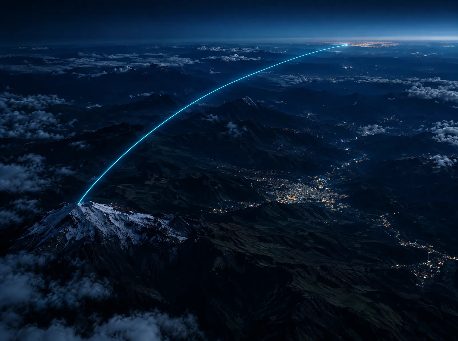 Night view of the Andes with the delivery route heading north